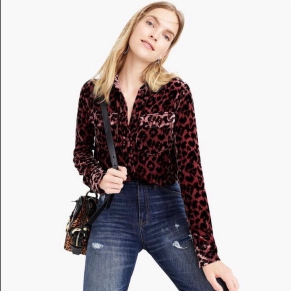 J. Crew Rose Leopard Velvet Classic-fit Button-up pocket shirt size 0